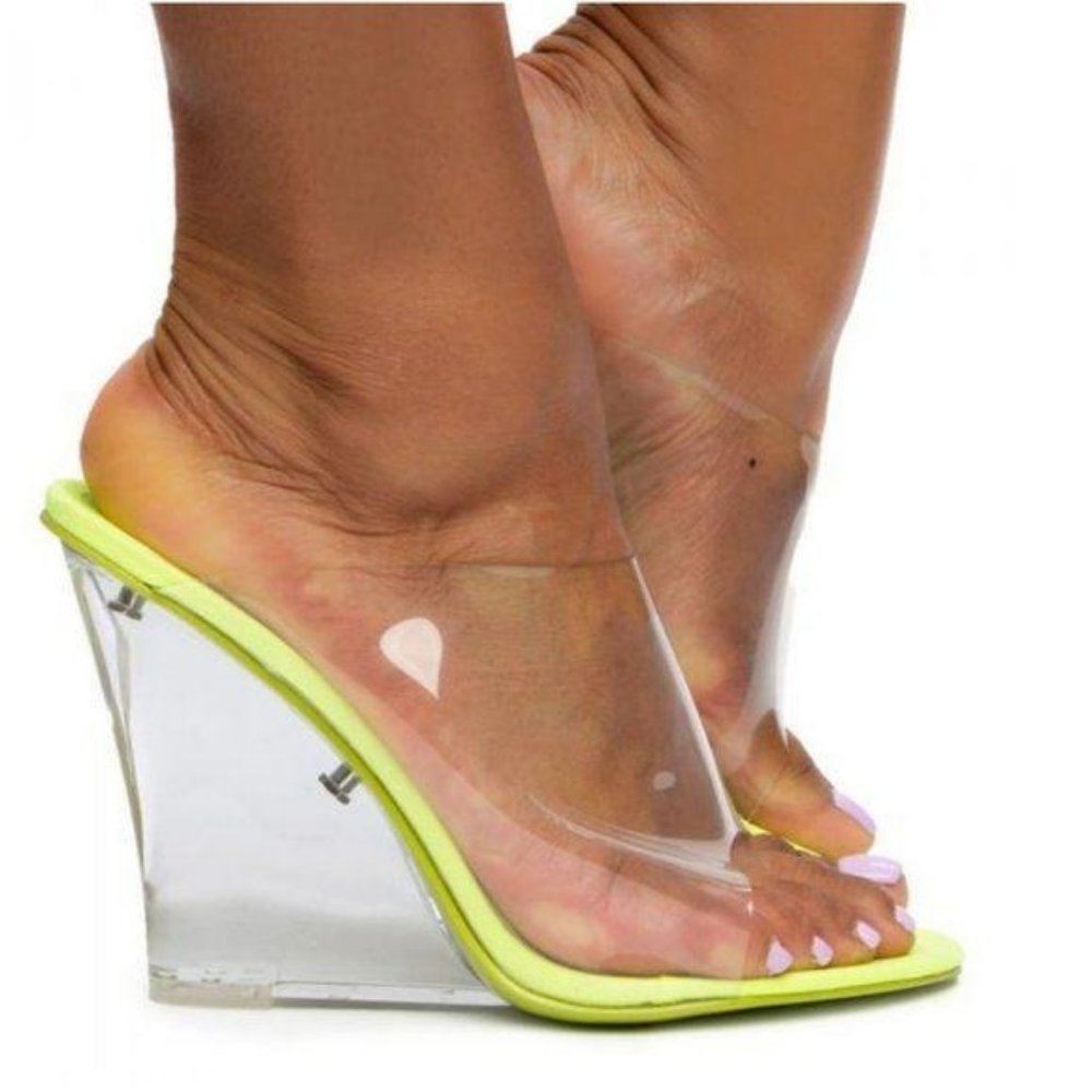 Transparent Lime Peep Toe Lucite Wedges - Picture 7 of 10